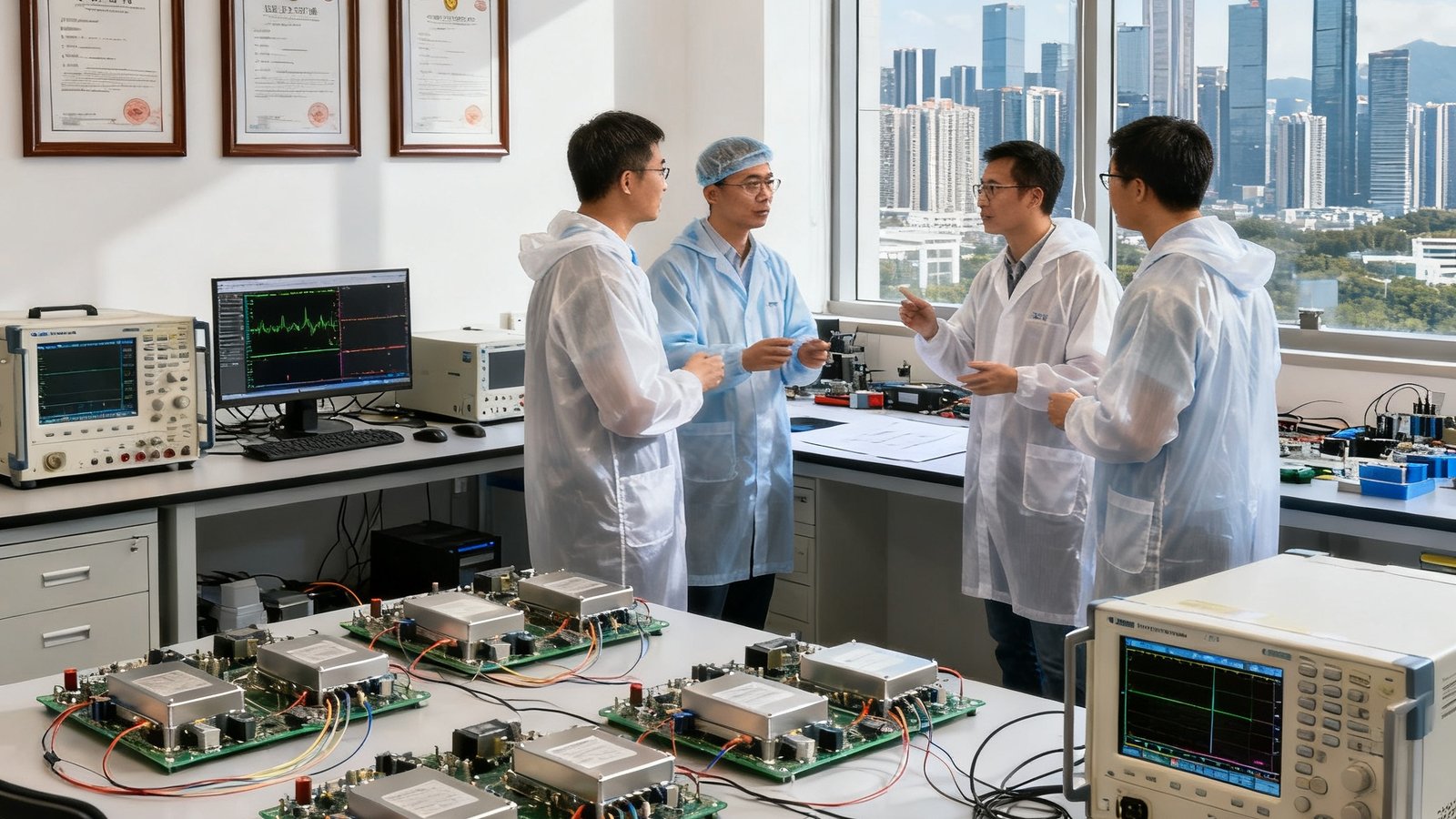 DS视讯深圳总部研发中心全景，宽敞明亮的实验室内摆放着示波器、信号发生器和多台正在测试的光纤传输器原型机，墙上挂着专利证书框架，数名穿着防静电服的工程师正在讨论技术方案，窗外是深圳南山区的高楼天际线