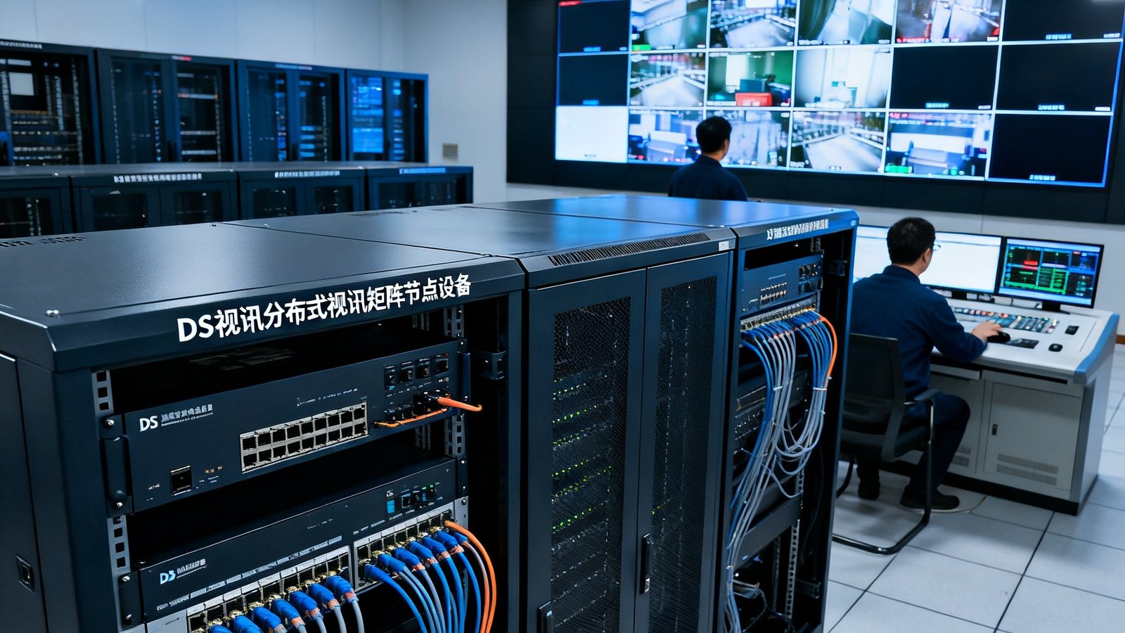 一个宽敞的总控机房内，多排机柜中安装着DS视讯分布式视讯矩阵节点设备，每个节点通过网线连接至核心交换机，墙上的大型监控屏幕显示着数十路信号的实时预览画面，两名工程师正在操作控制台