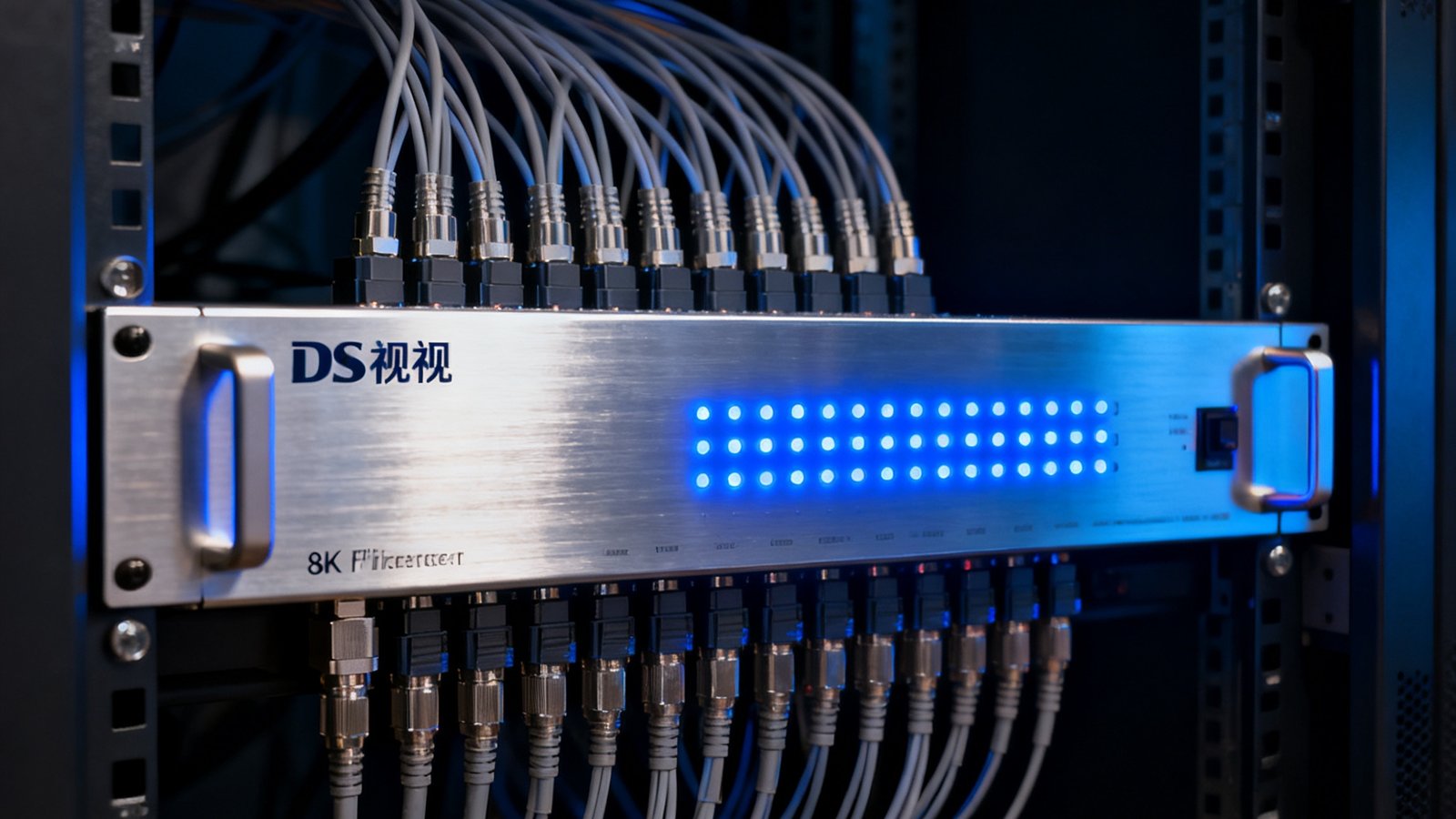一台DS视讯旗舰级8K光纤传输器安装在广电演播室标准机柜中，银色金属面板上蓝色LED指示灯呈矩阵排列，后方连接着密集的光纤线缆，环境为专业暗光演播室，设备表面反射出柔和的光泽