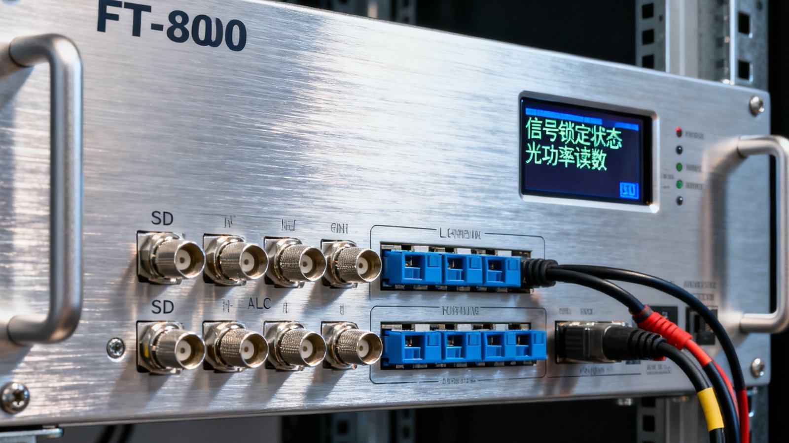 FT-8000光纤传输器前面板特写，银色拉丝金属面板上排列着SDI输入输出接口、光纤LC端口和一块小型OLED状态显示屏，显示屏上实时滚动着信号锁定状态和光功率读数，设备安装于标准19英寸机架中